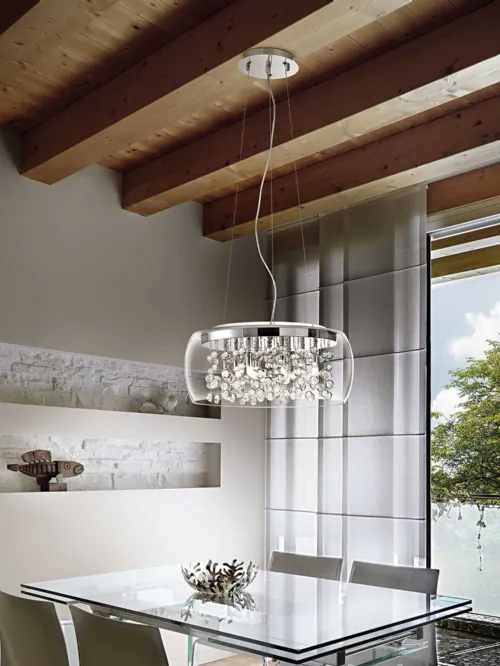 Lampada a sospensione Audi 80 sp8 in vetro soffiato trasparente con elementi decorativi con sfere di vetro su fili di metallo di Ideal Lux