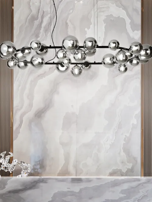 Lampada a sospensione Perlage in metallo con elementi sferici in vetro di Ideal Lux