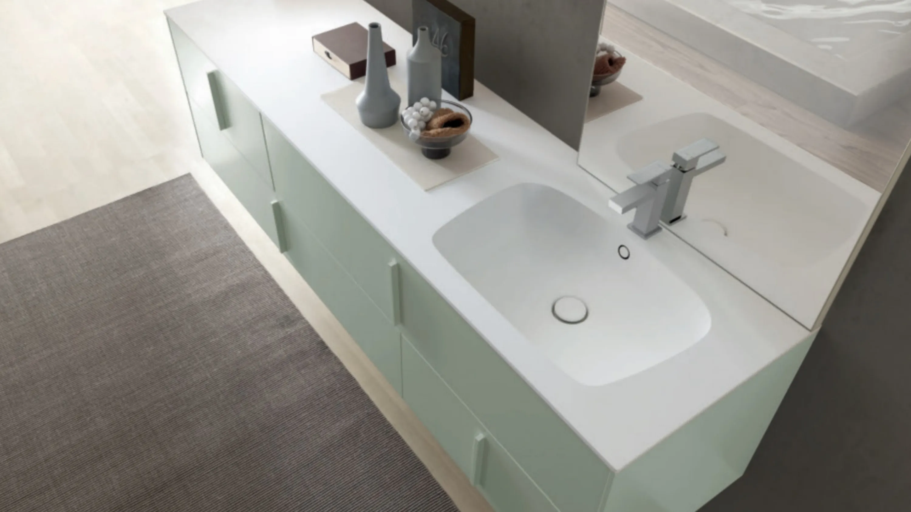 Mobile da bagno sospeso M System C014 in laccato opaco Verde Polvere e top con vasca integrata di Baxar