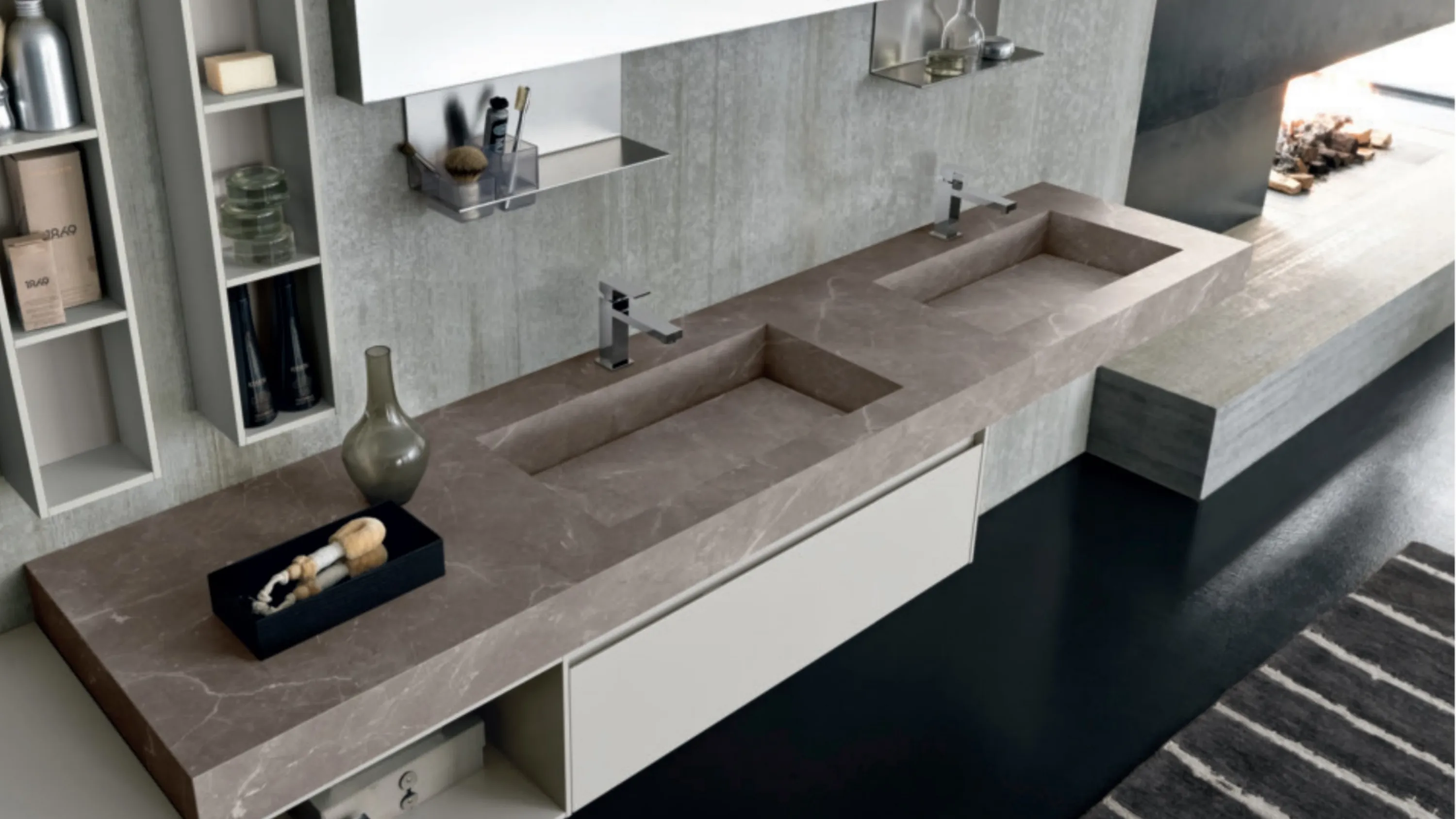 Mobile da Bagno sospeso M2 System C215 in laccato Grigio Chiaro opaco con top in HPL di Baxar