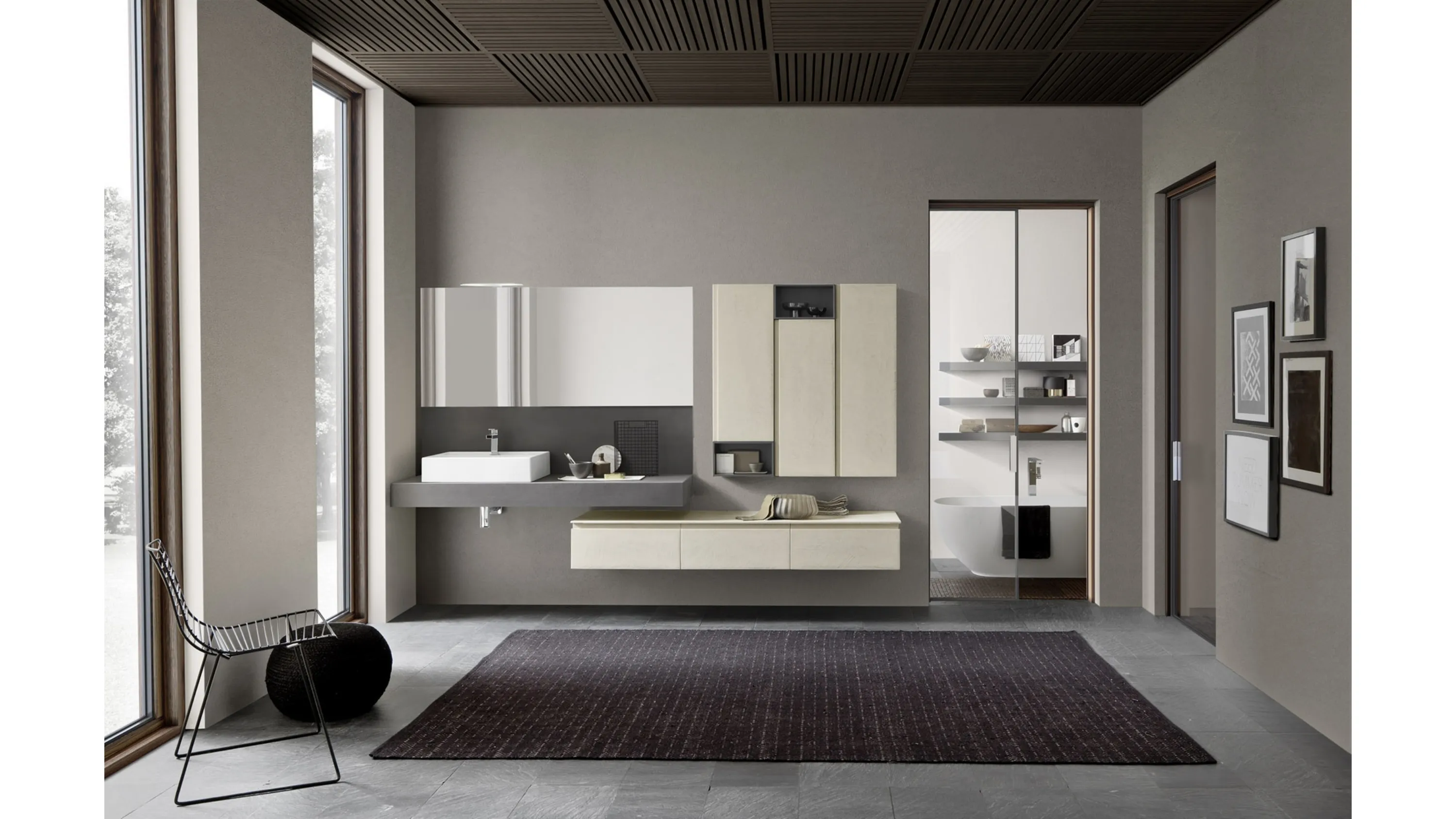 Mobile da Bagno sospeso M1 System C103 in Ecomalta con top in Gres porcellanato Calce Antracite di Baxar