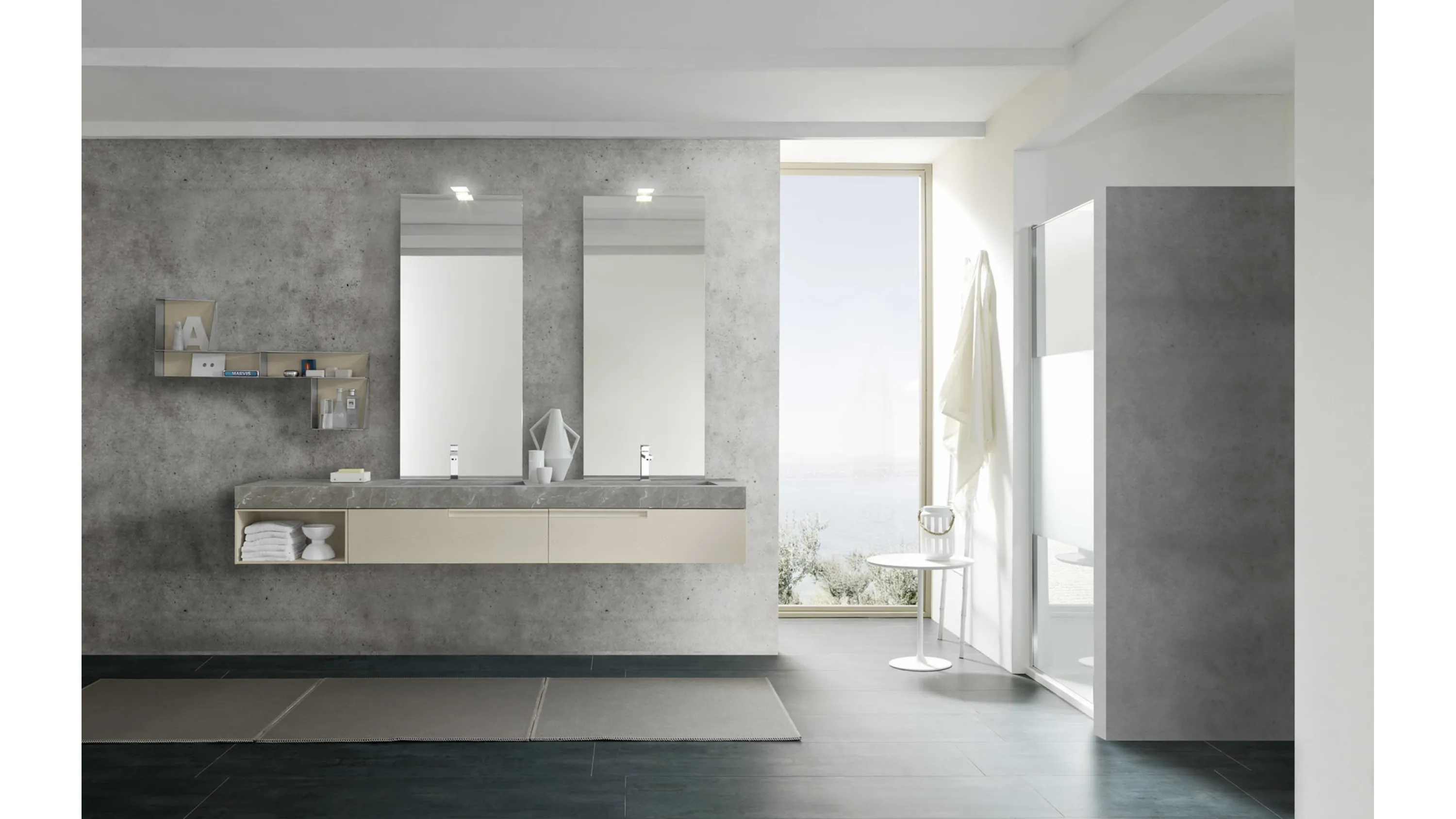 Mobile da Bagno sospeso M1 System C110 in laccato opaco con top in HPL con vasche integrate di Baxar