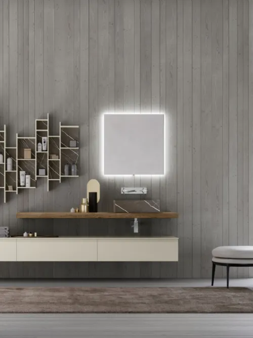 Mobile da Bagno sospeso M1 System 124 in laccato opaco Platino e top in Rovere Corteccia di Baxar