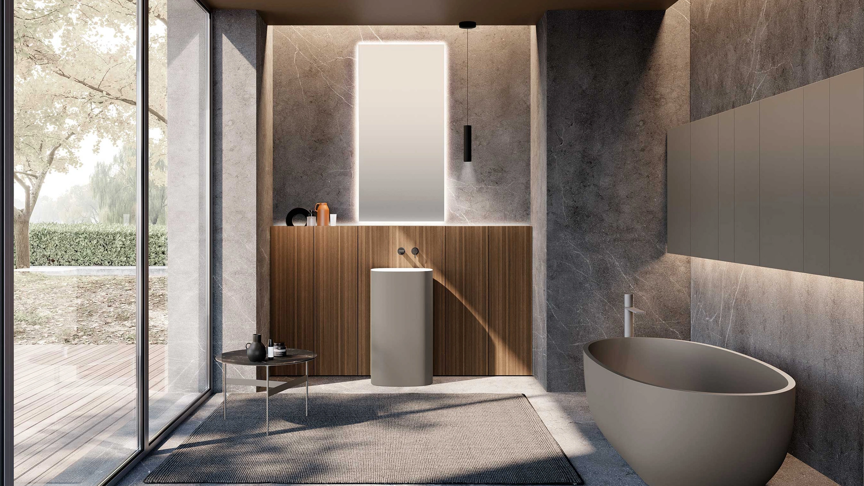 Mobile da Bagno M2 System 232 in legno impiallacciato di Eucalipto e lavabo laccato di Baxar
