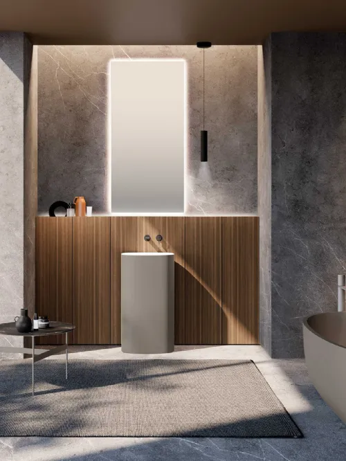 Mobile da Bagno M2 System 232 in legno impiallacciato di Eucalipto e lavabo laccato di Baxar