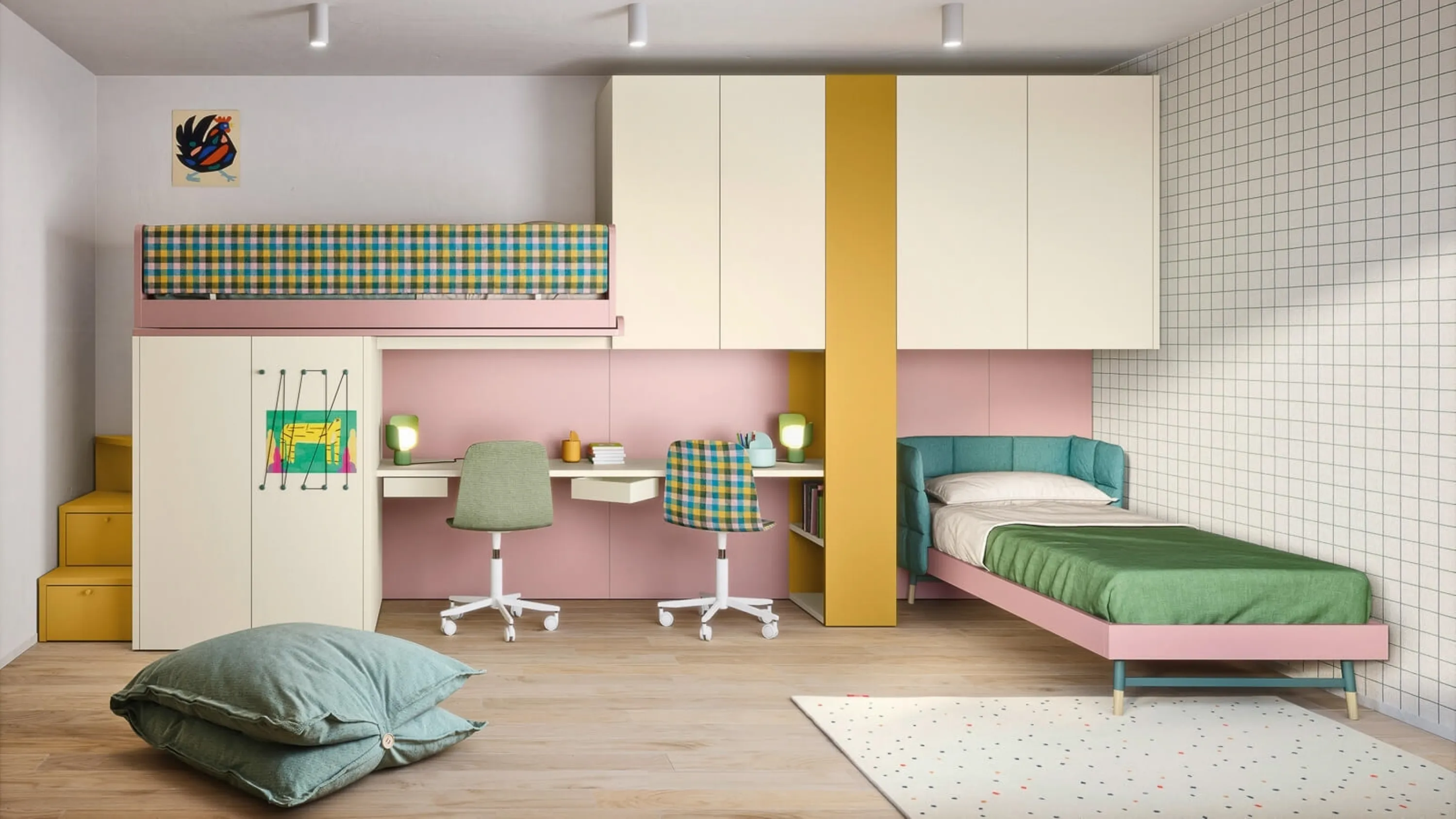 Cameretta a soppalco con scrivania Kids space 16 in melaminico di Nidi