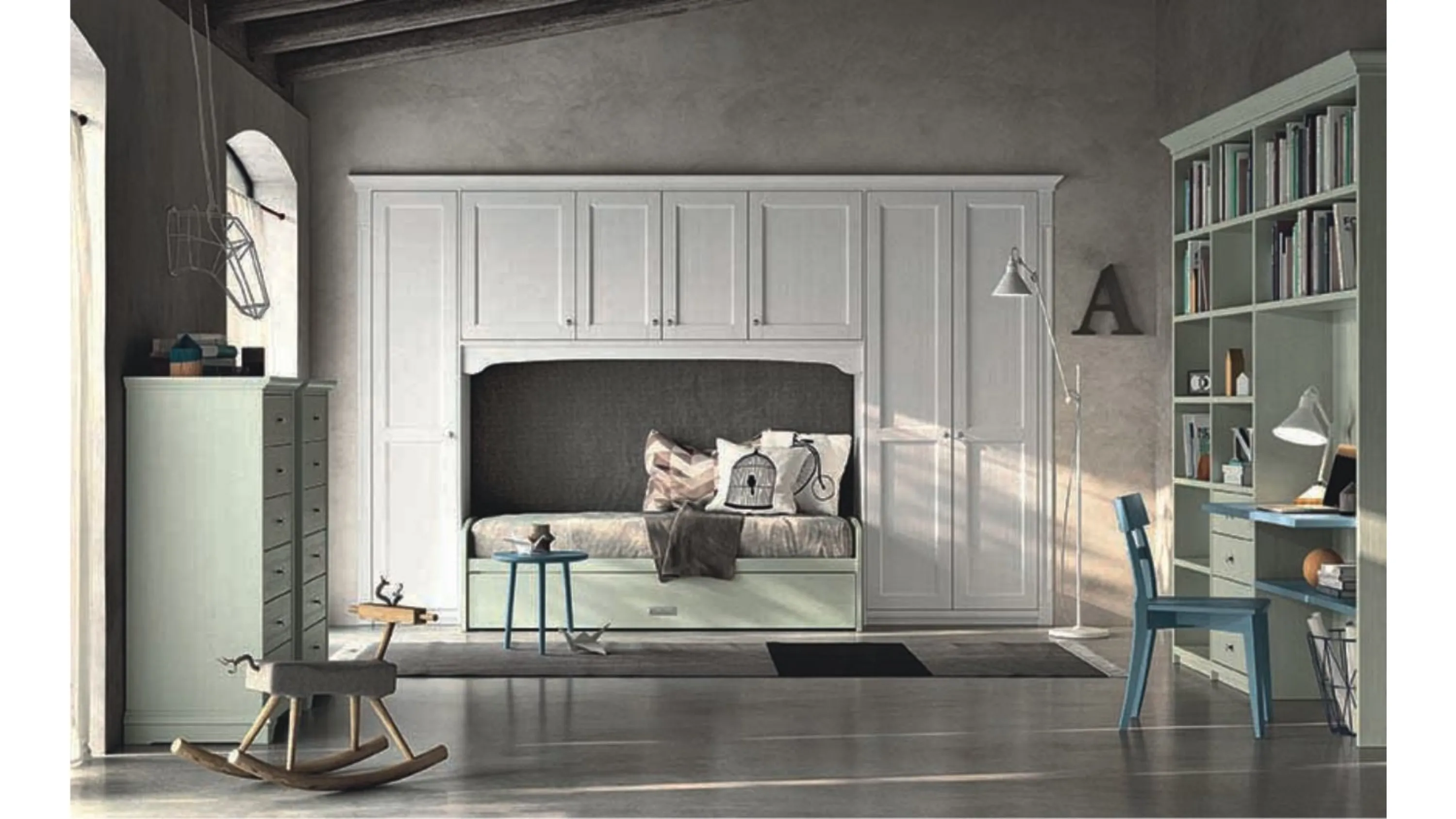 Cameretta a ponte classica N21 Nuovo Mondo in legno finitura bianco gesso e verde tundra di Scandola