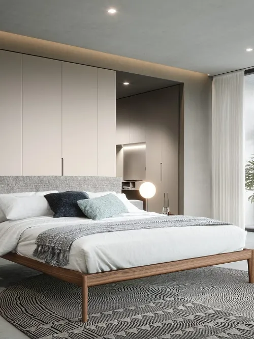 Letto Neos in noce canaletto con testiera rivestita in tessuto di Novamobili