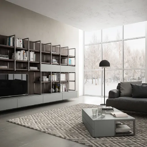 Parete Attrezzata sospesa in laccato opaco grigio e Noce bruno Living 03 di Arredo3