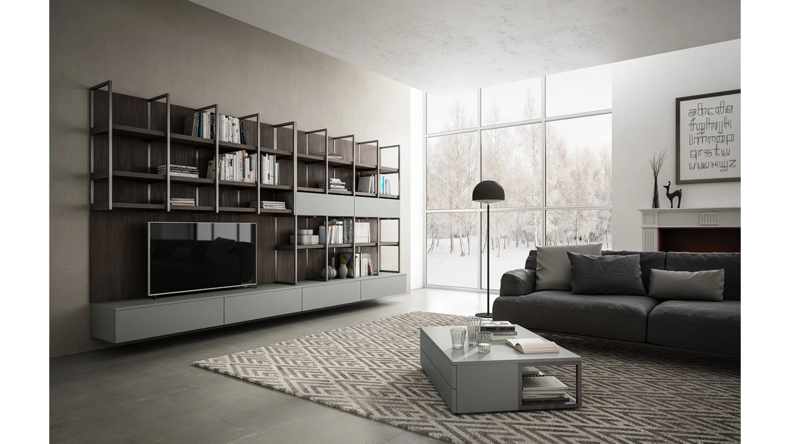 Parete Attrezzata sospesa in laccato opaco grigio e Noce bruno Living 03 di Arredo3