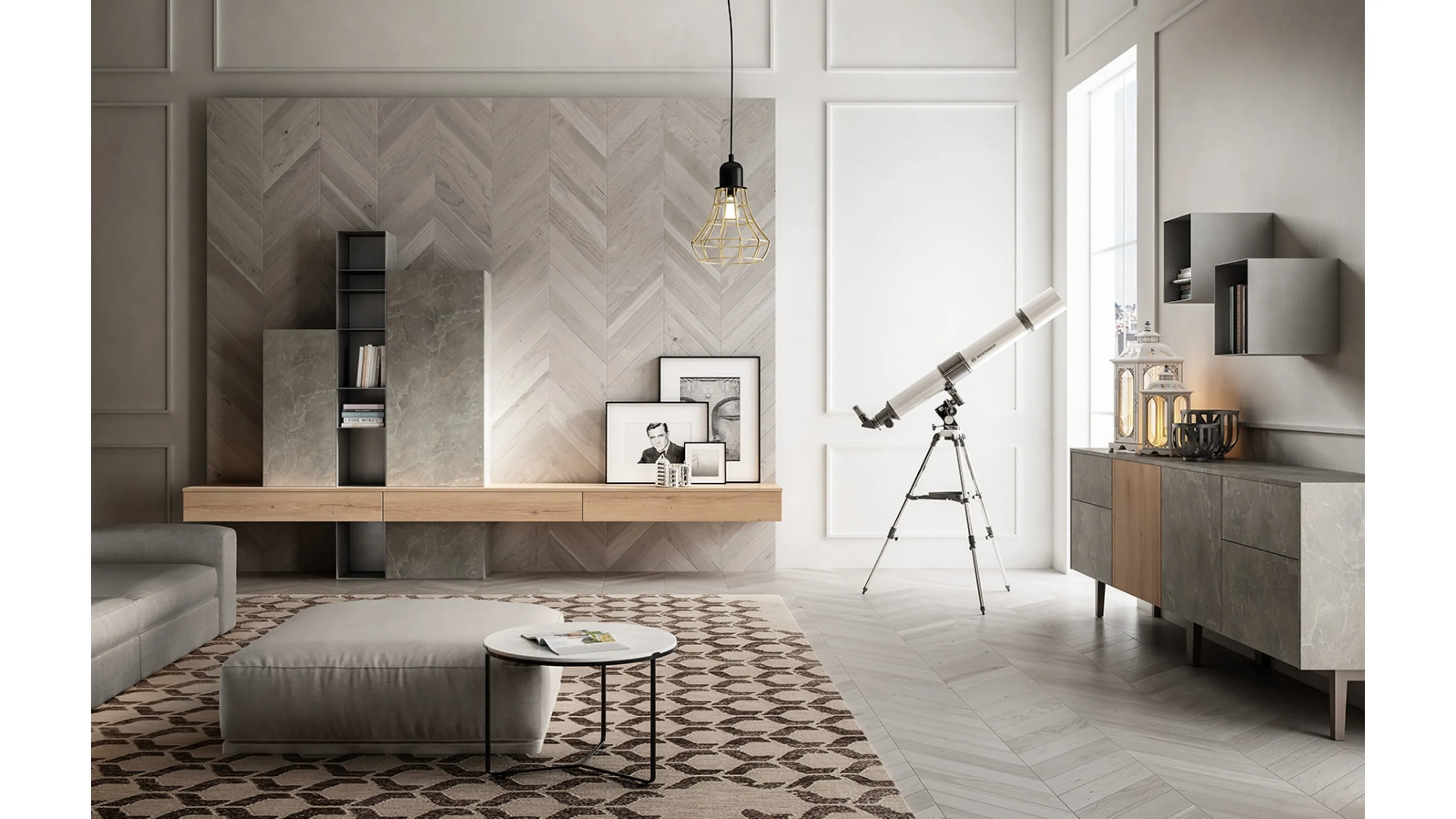 Parete Attrezzata Living 05 in Rovere e Pietra di Arredo3