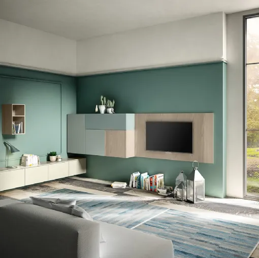 Parete Attrezzata Living 10 in laccato opaco e Aria Larice Cortina di Arredo3