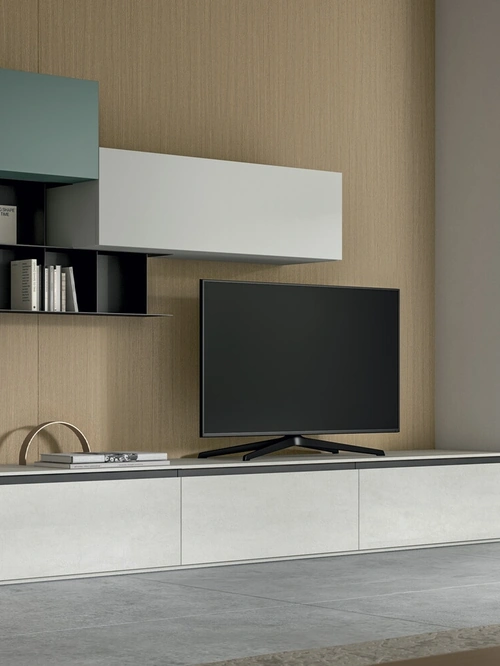 Parete Attrezzata Living Glass in laminam Pietra di Savoia e impiallacciato di Arredo3