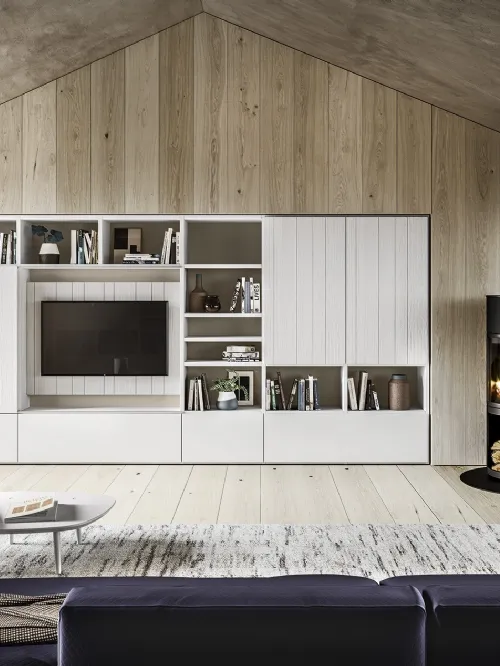 Parete Attrezzata in legno finitura bianco gesso con TV a scomparsa M05 Maestrale di Scandola