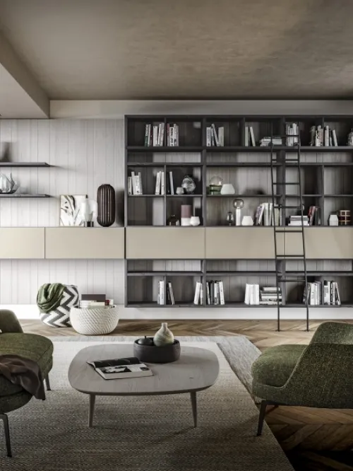 Parete Attrezzata sospesa con libreria M04 Maestrale in legno e laccato di Scandola