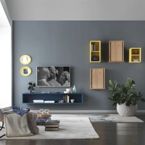 Parete Attrezzata con mobile sospeso in legno di rovere laccato blu Wild 5100 di Conarte