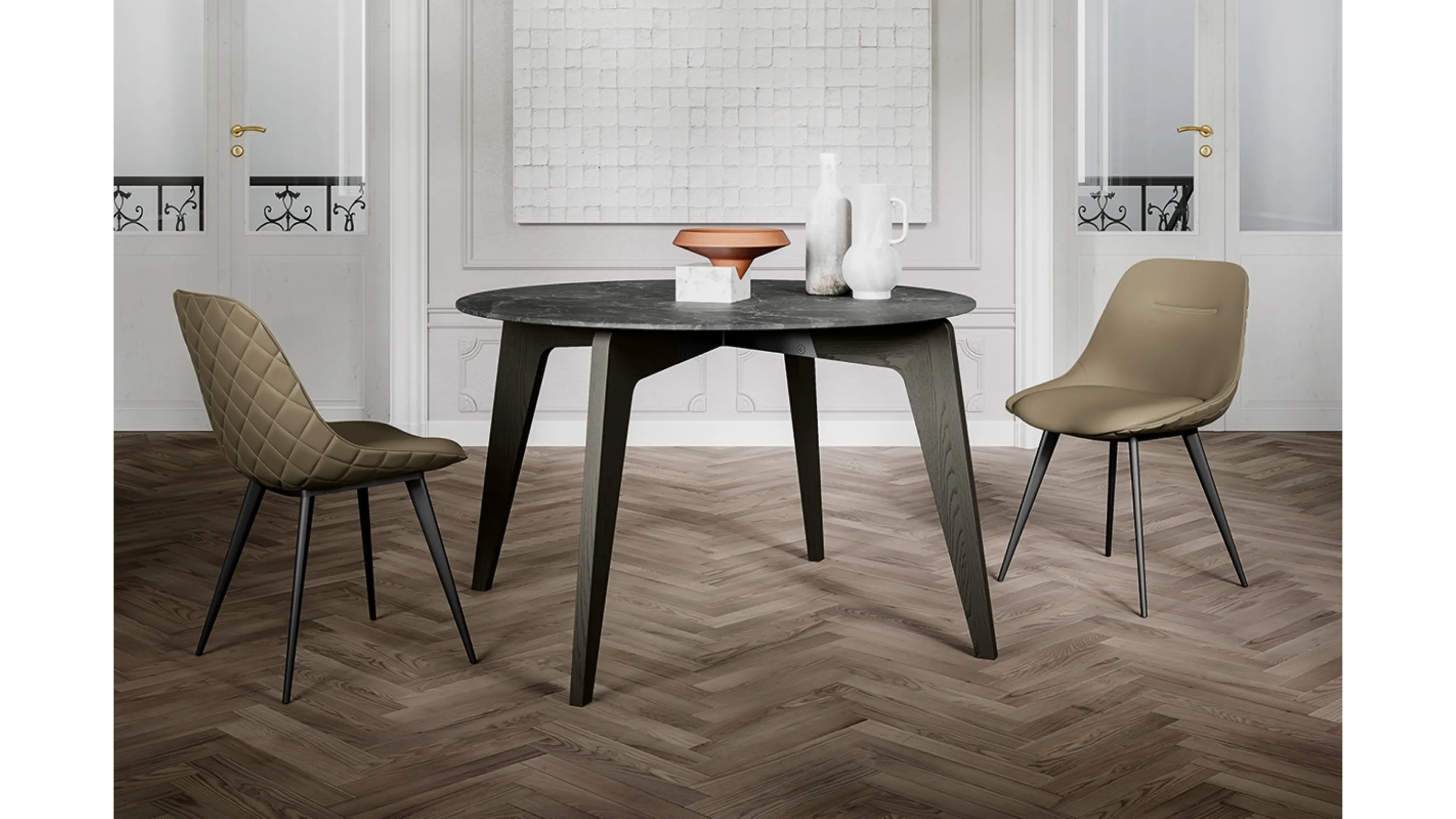 Tavolo rotondo Magic con top in laminato e gambe in massello di Frassino verniciato di Arredo3