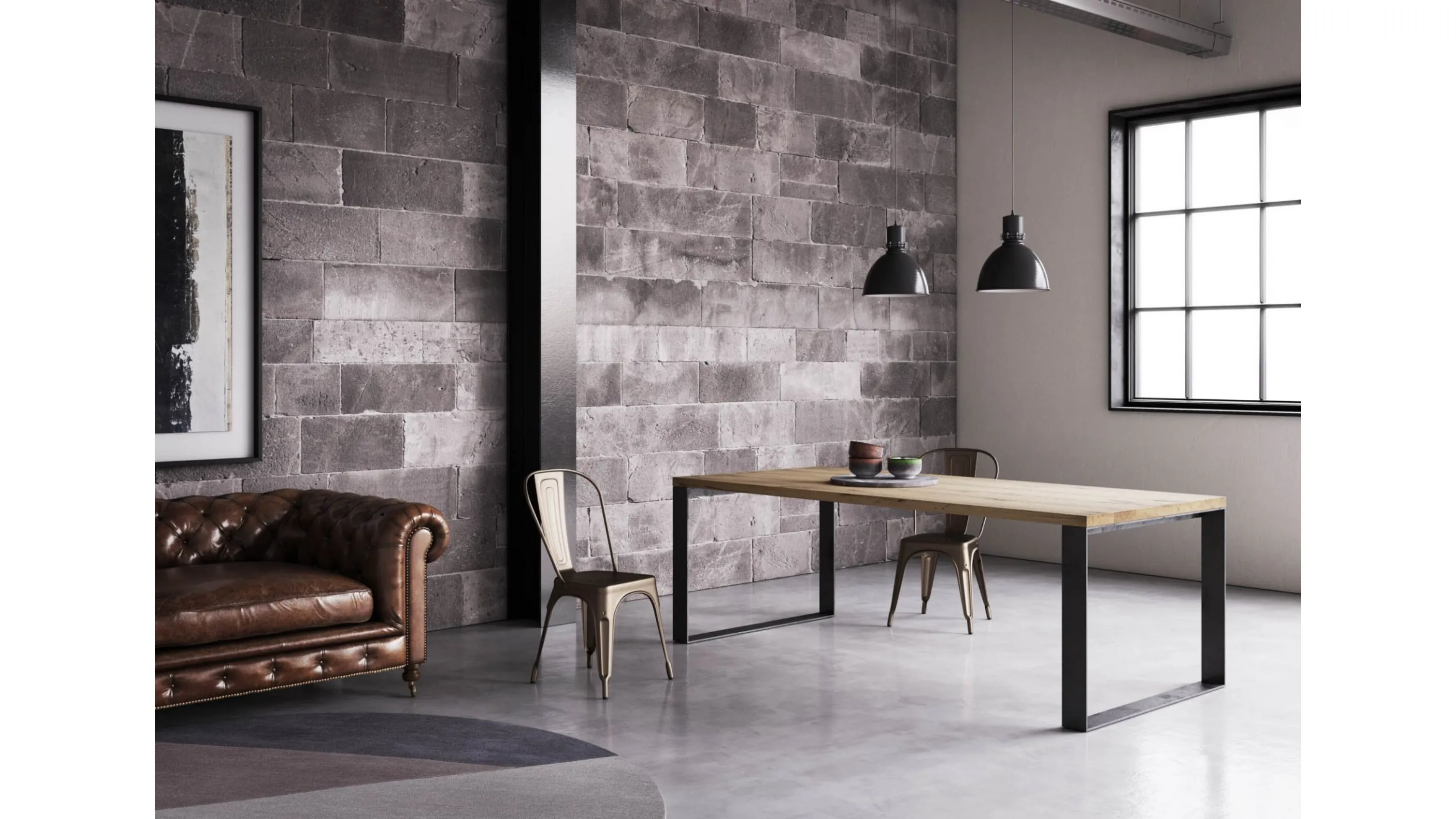 Tavolo in legno impiallacciato Rovere con gambe in metallo finitura ferro Squared-T di Pizzolato