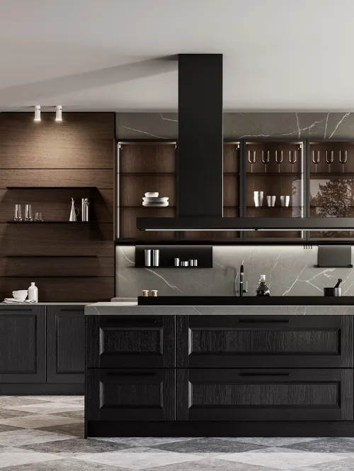 Cucina Classica con isola Gioiosa 02 in laccato nero e noce di Arredo3