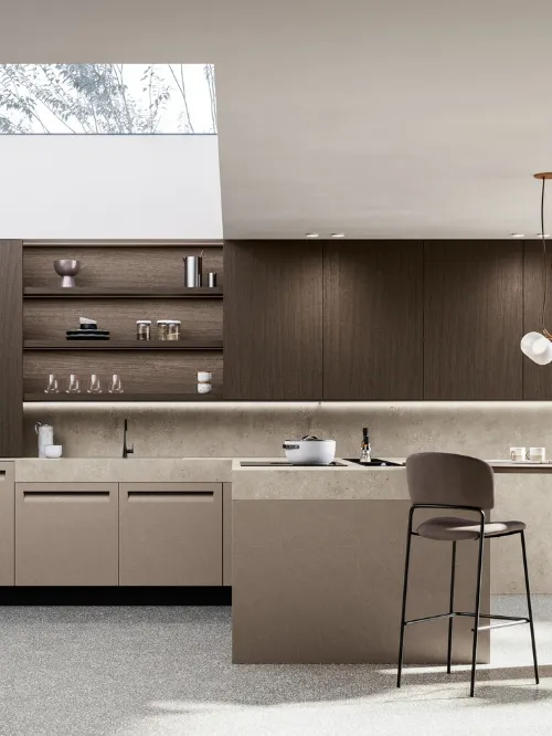 Cucina Moderna con penisola Tekna 02 in pet e noce di Arredo3