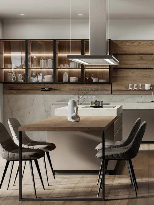 Cucina Moderna con isola Wega 02 in laccato metallizzato e rovere di Arredo3