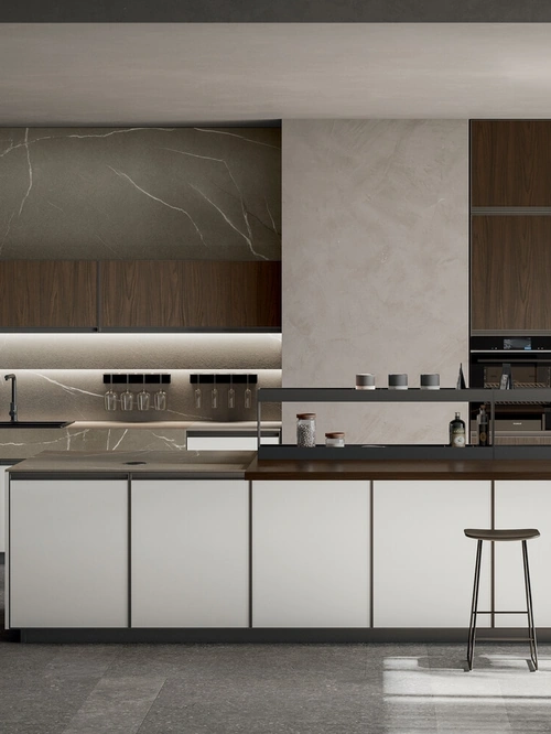 Cucina Moderna con isola Kronos 02 in pet bianco e laminato noce di Arredo3